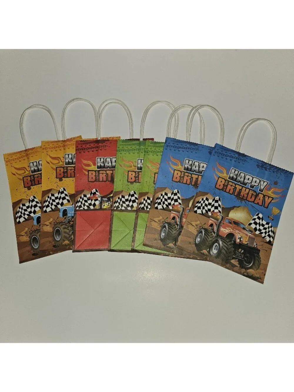7 Monster Truck Happy Birthday Paper Gift Bag Lot 8.5x6 Green Blue Red Yellow